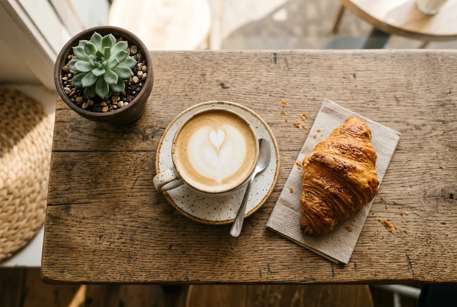 Flat white and a croissant on a cafe table