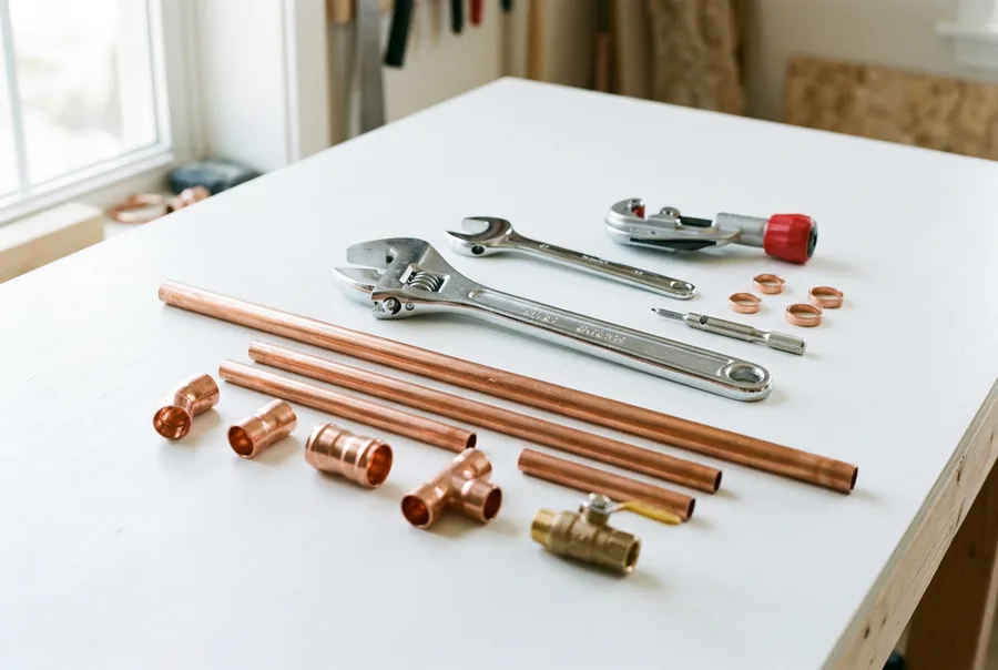 Clean plumbing tools on a workbench